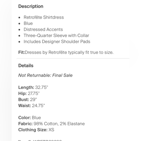 NWT retrofete Willa Mini Dress in Light Wash Denim Jean Long Sleeve XS extra sma - Picture 8 of 10